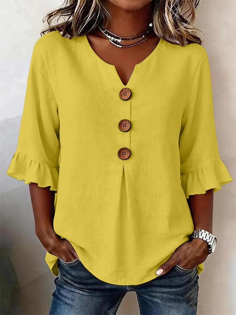 2026 Summer European & American Women's V-neck Cotton Linen Fashion Shirt