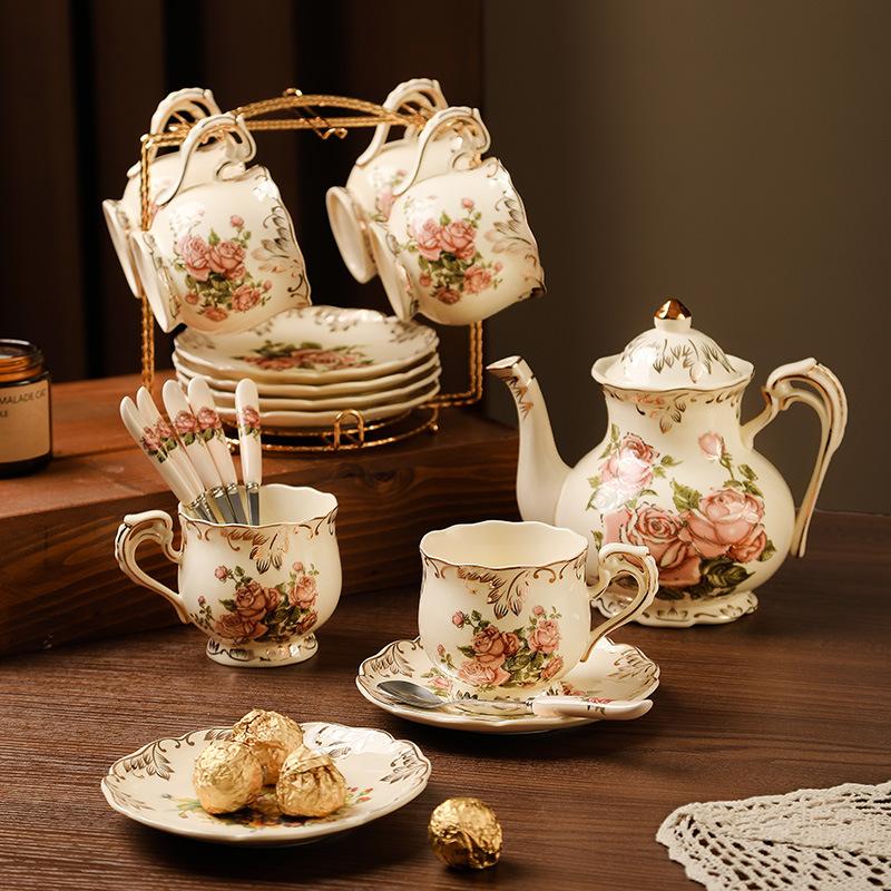 Rose Ceramic Teapot / Cup Saucer - Gold Trim Coffee Pot - Elegant Afternoon Tea Gift