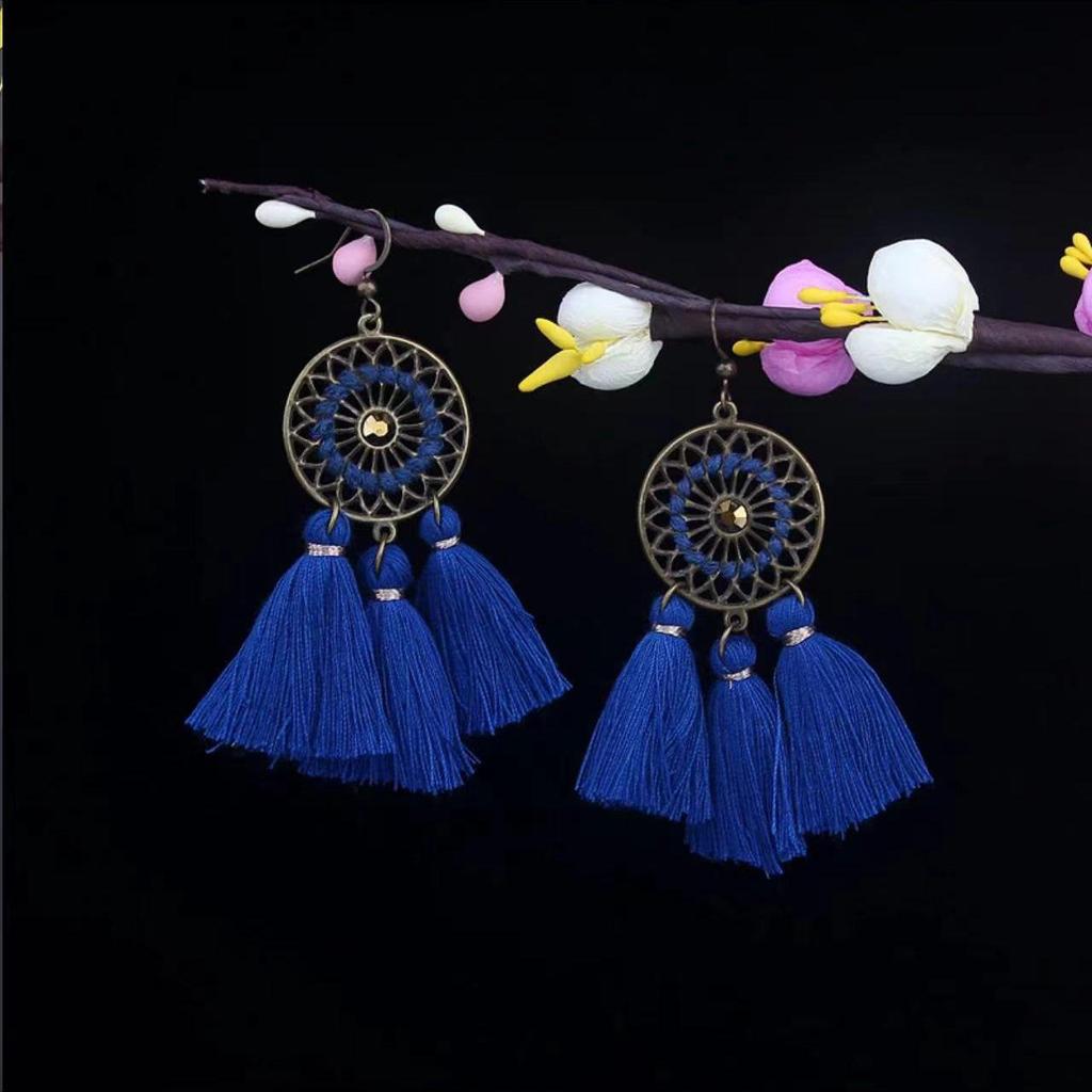 Bohemian Turquoise Owl Dream Catcher Tassel Earrings for Women