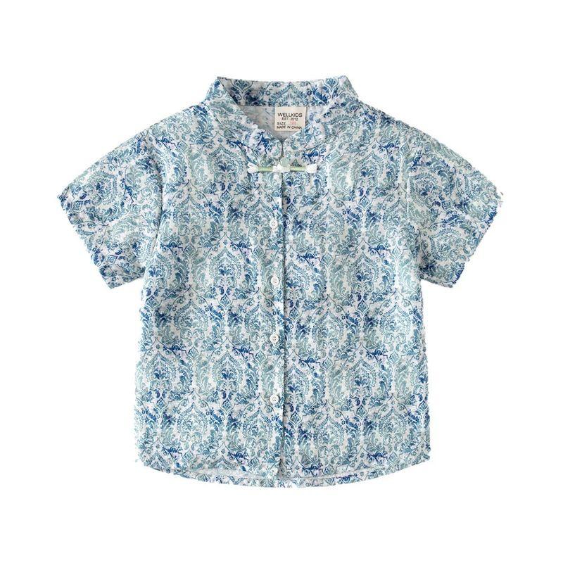 Boys' Chinese Style Short Sleeve Shirt Children's Summer Clothing Baby Stand Collar Shirt Kids Frog Button Floral Print Casual Tops