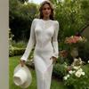 Sexy Hollow Out Diagonal Striped Round Neck Long Sleeve Knitted Dress Slim Fit Slit Waist Hugging Long Tight Dress