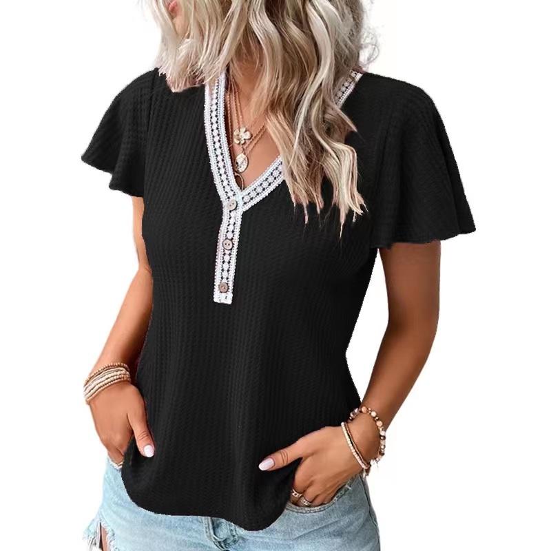 Women's Solid Color V Neck Waffle Panel Short Sleeve T-Shirt