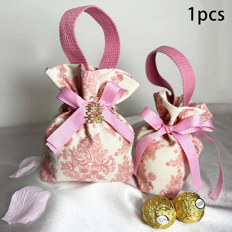1PC Flower Printed Drawstring Candy Pouch Bag, Handle Bag Gift for Wedding Party