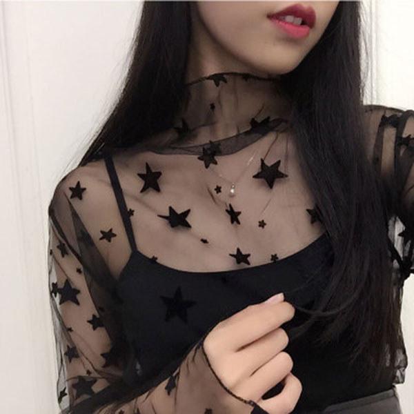 Women Mesh Top With Nylon Fabric Long Sleeve Sheer Lace Shirt For Spring Summer Fashion