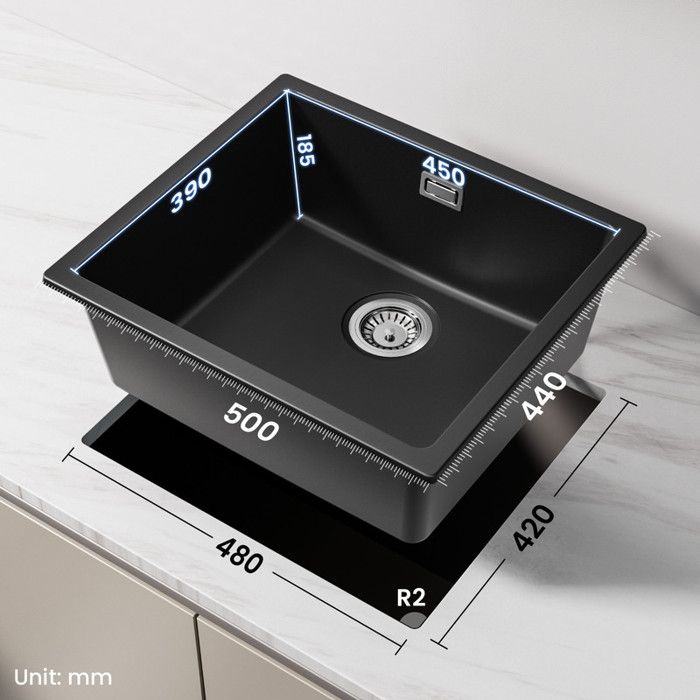 Kitchen Sink - Granite - 50x44cm - 1 Bowl - Anthracite Black - Undermount