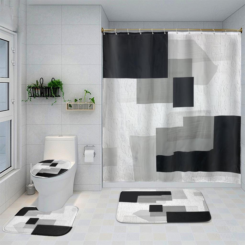 Kaufe 4-teiliges Luxus-Geometrie-Duschvorhang-Set, wasserdicht, für Badezimmer, rutschfeste Badezimmerteppiche, Deckel, Toilettendeckel, Badematte, Badezimmer-Set zum Preis ab 9.29