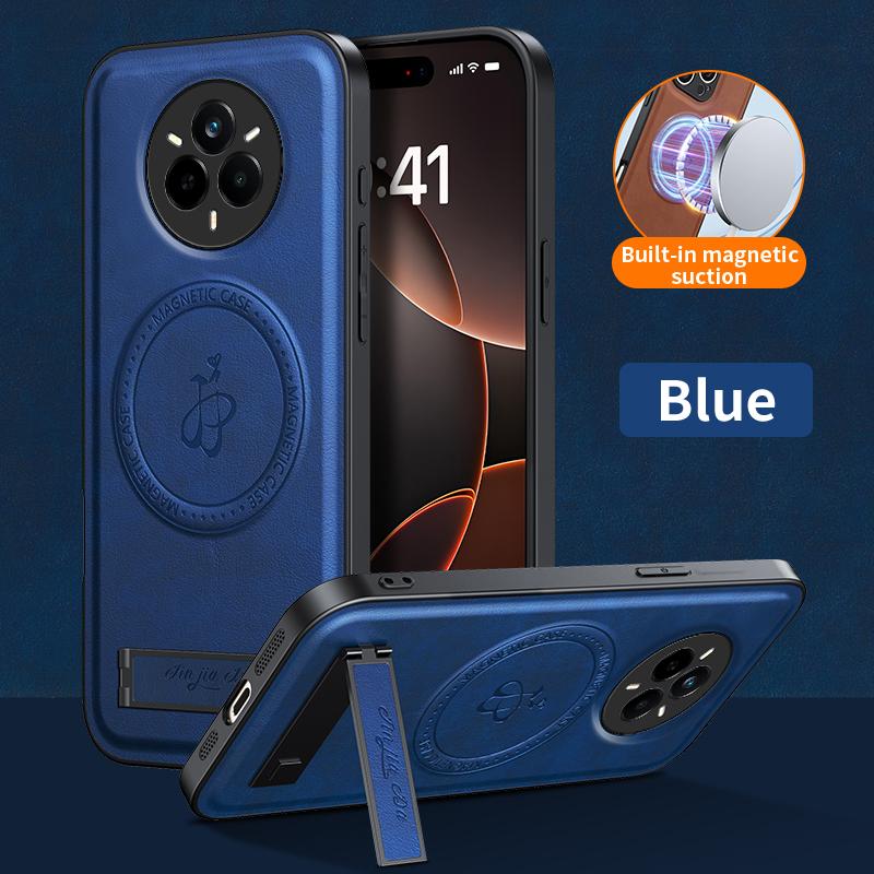Luxury Magnetic Stand Holder PU Leather Phone Case For Magsafe Realme 14 Pro Plus Wireless Charging Logo Cover