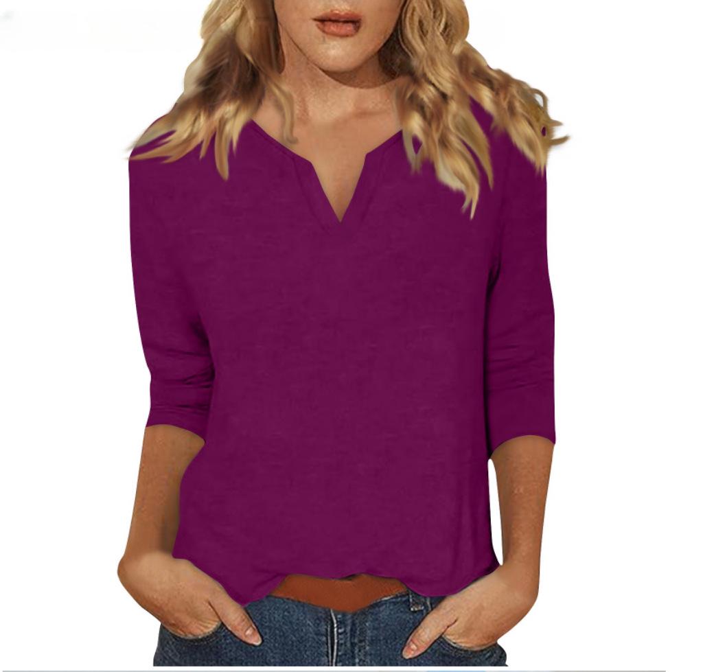 2025 Women's V-Neck 7-Point Sleeve Solid Color T-Shirt