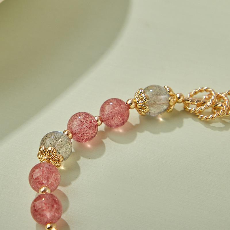 Qiaoen Women's Strawberry Crystal & Gray Moonstone Labradorite Beaded Bracelet