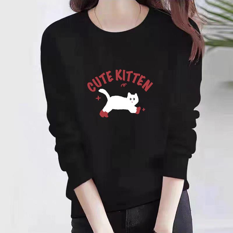 Женский хлопковый свитшот с длинным рукавом и принтом кошки - Повседневный корейский стиль Круглый вырез Свободный крой Осенняя одежда L below 115 jin 1559₽