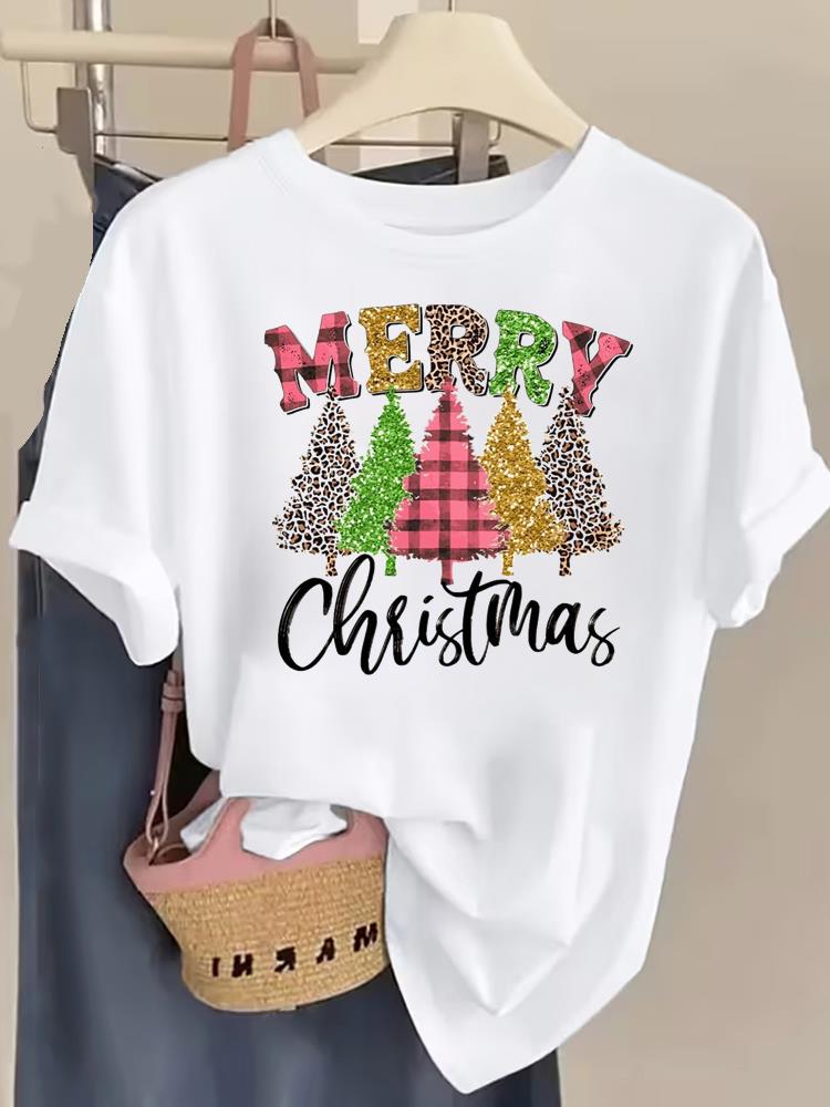 (Asian Size) watercolor trend Tee Top Christmas Festival New Year Clothing T Shirt Women Fashion Print Female Woman Short Sleeve Graphic T-shirts