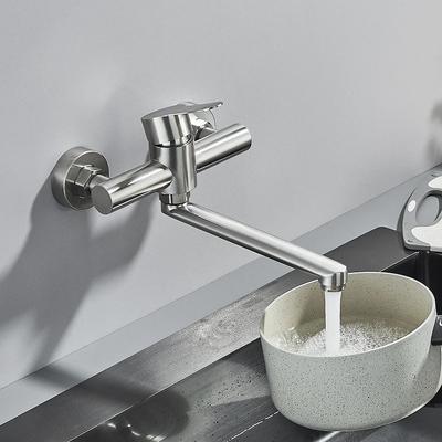 Gebürsteter Nickel Küchenarmatur Wandmontierter Badezimmer Küchenmischhahn Einhebel Warm Kalt Armatur Doppelbohrung Schwenkbarer Auslauf