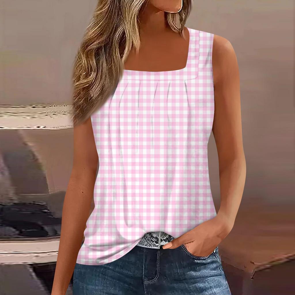 Women's Summer Casual Pleated Square Neck Sleeveless Tank Top Printed T-Shirt