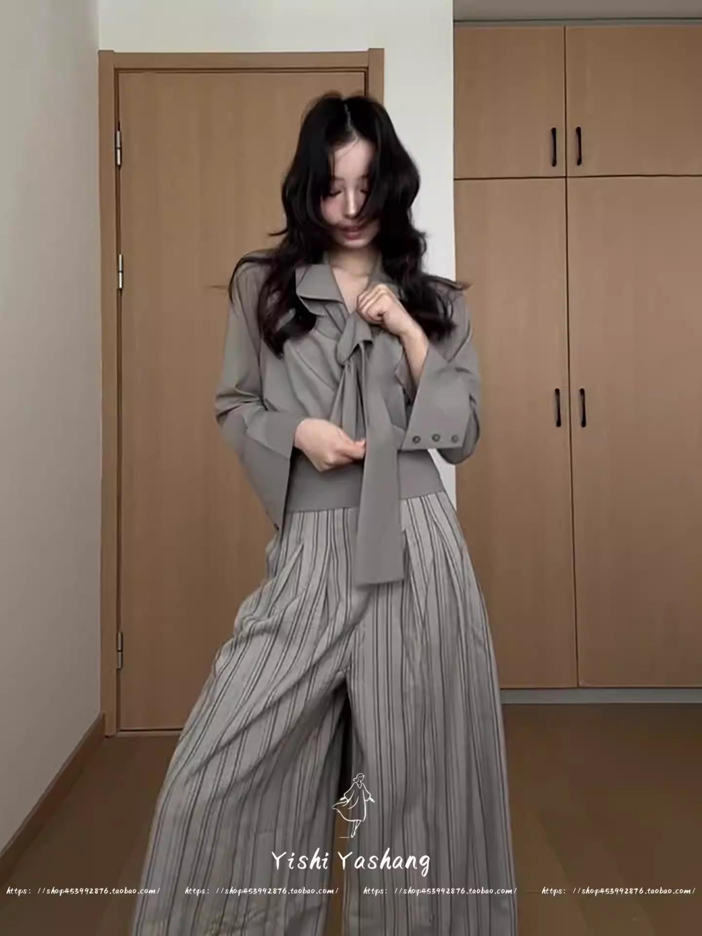 

Women s Early Autumn Loose Lace-Up Long-Sleeve Shirt & Wide-Leg Drape Suit Pants Set XXL