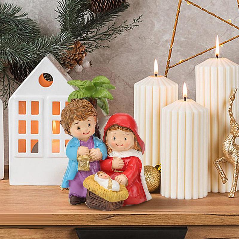 Christmas Nativity Statue Resin Small Manger Scene Set Collectible Figurines Jesus Birth Decorations for Desk Window Decoration