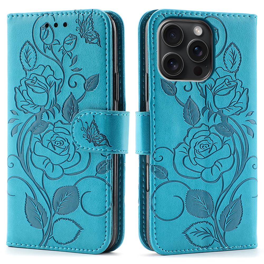 For iPhone 16 Pro Case Wallet Stand Imprinted Rose Butterfly PU Leather Phone Cover