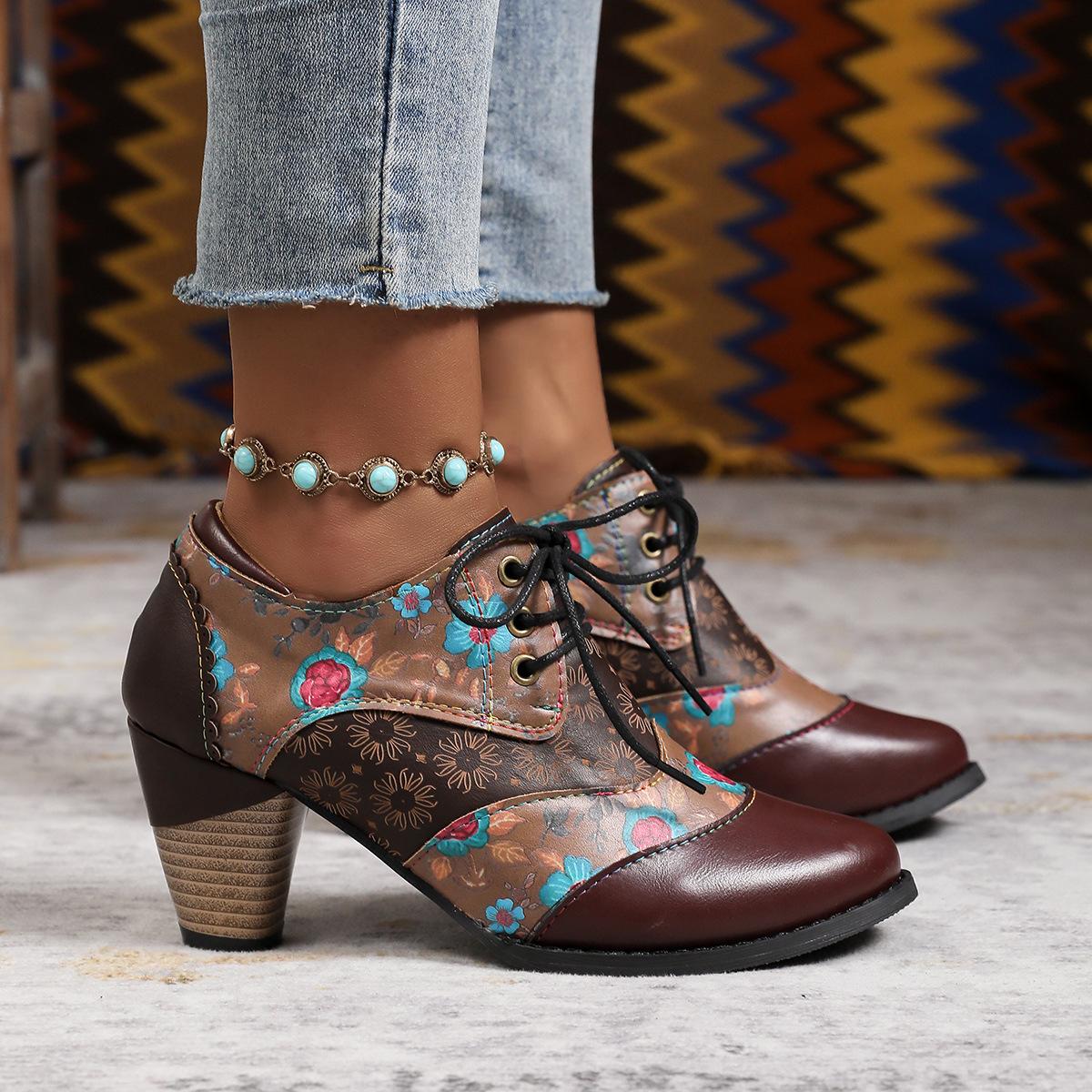 

Women High Heel Shoes 2026 Autumn New Ankle Boots Flower Fashion Leather Women s Short Boots Female Casual Shoes Botas Mujer 37 бордовий