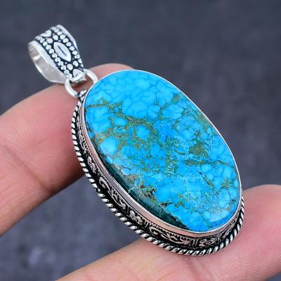 Natural Tibetan Turquoise Handmade 925 Sterling Silver Pendant 2.21" E7w69