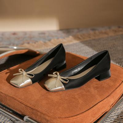 Thick Heel Square Head Bow Splicing Niche Temperament Women's Autumn Simple High Heels Medium Heel Shoes