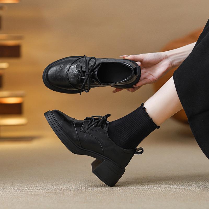 Damen Lammleder Retro Klobige Absatz Slipper mit dicken Sohlen und runder Zehenpartie, 2025 Schnürdesign, Britischer Stil.