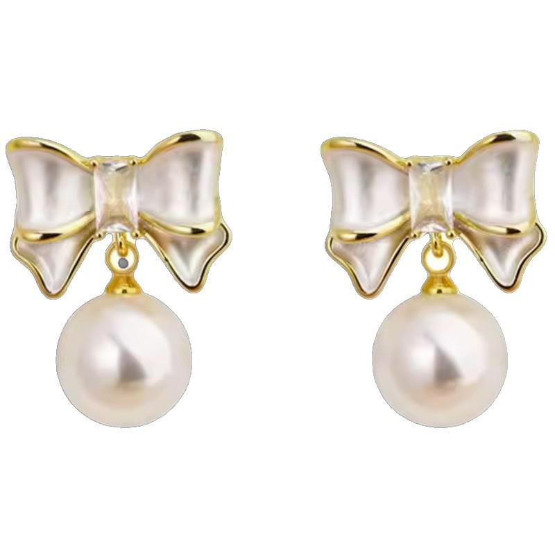 Gold-Plated Silver Needle Zircon Bow Pearl Earrings - Light Luxury, High-End Feel, Fashionable Stud Accessories
