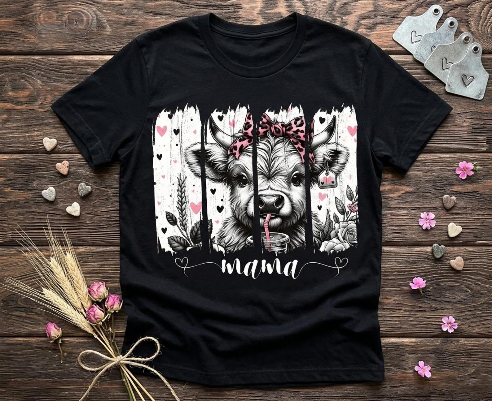 Mama Highland Cow Floral Shirt, Farm Animal Mom Tee S