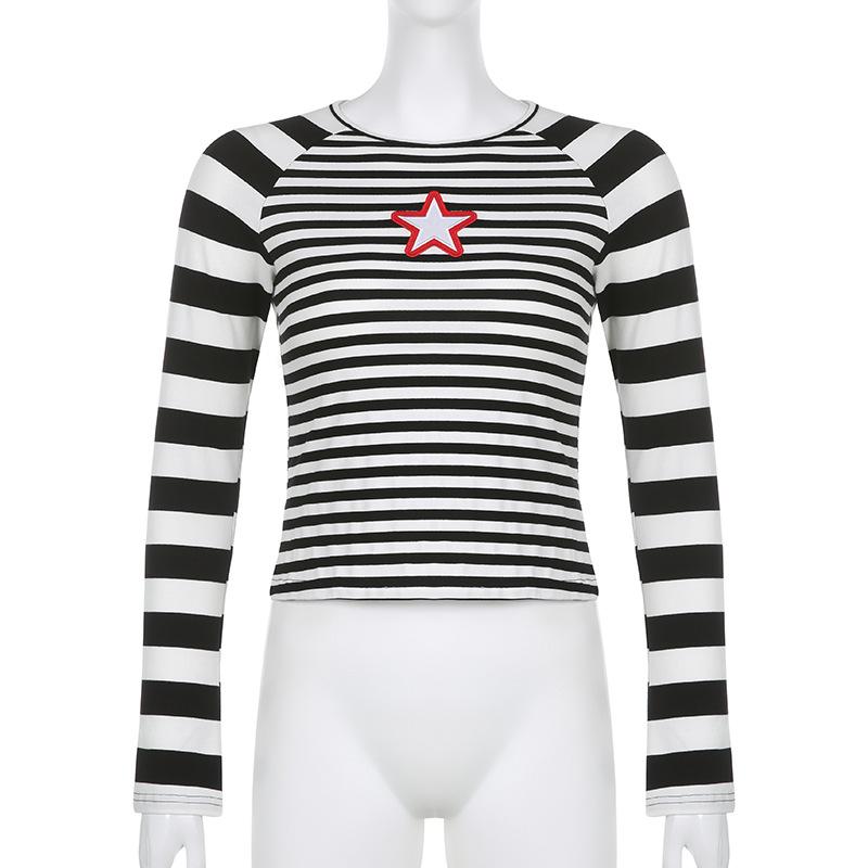 Harajuku Casual Pullovers Aesthetic Ladies 2022 Autumn Fashion T-Shirt Vintage Star Print Striped Long Sleeve Crop Top for Women