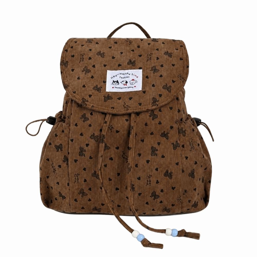 Lightweight Drawstring Daypack Casual Bookbag Fashionable Bow Print Corduroy Backpack Spring