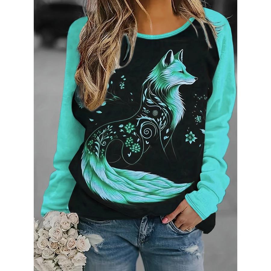 Women's 2024 Sleeves Stitching Fox Print Round Neck Long Sleeve Party Autumn Casual Pullover 3d Printing Casual Fashion Tops
