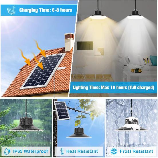 NIORSUN Solar Indoor Lights Outdoor, LED Solar Pendant Lights 3 Color Dimmable Lighting with Remote Control, Gazebo Lights,2x16.4ft Cable IP65