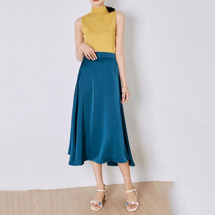 

Корейский темперамент Элегантная ацетатная атласная драпировка полуюбка Женская летняя удобная большая юбка с высокой талией средней длины Юбка А-силуэта XXL