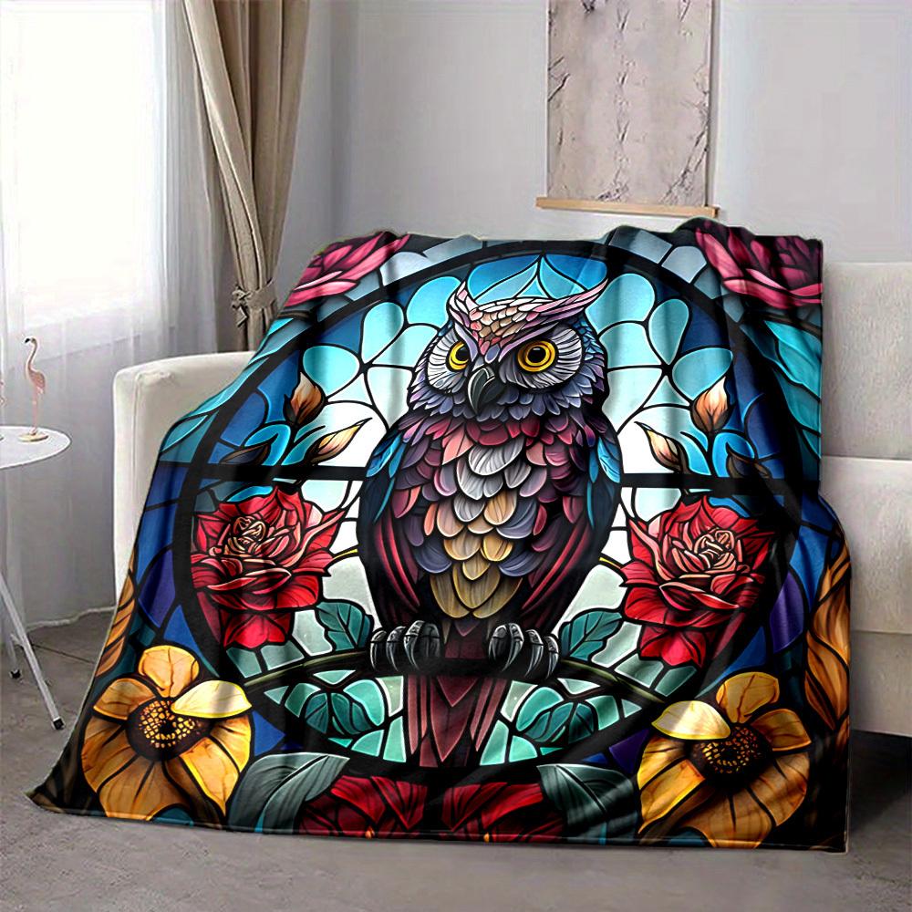 1pc Stained Glass Owl Lightweight Flannel Blanket, Comfortable and Warm Blanket, for Office and Camping Sofa Bed, Livingroom058