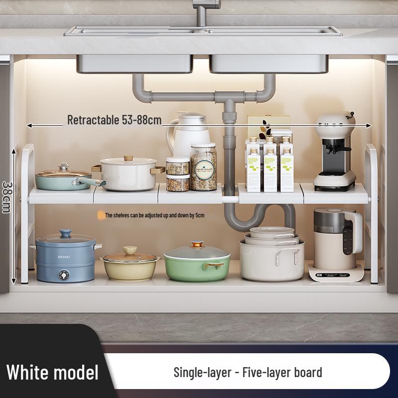 Rozšiřitelný kuchyňský úložný regál: Podumyvadlová police na organizér na nádobí