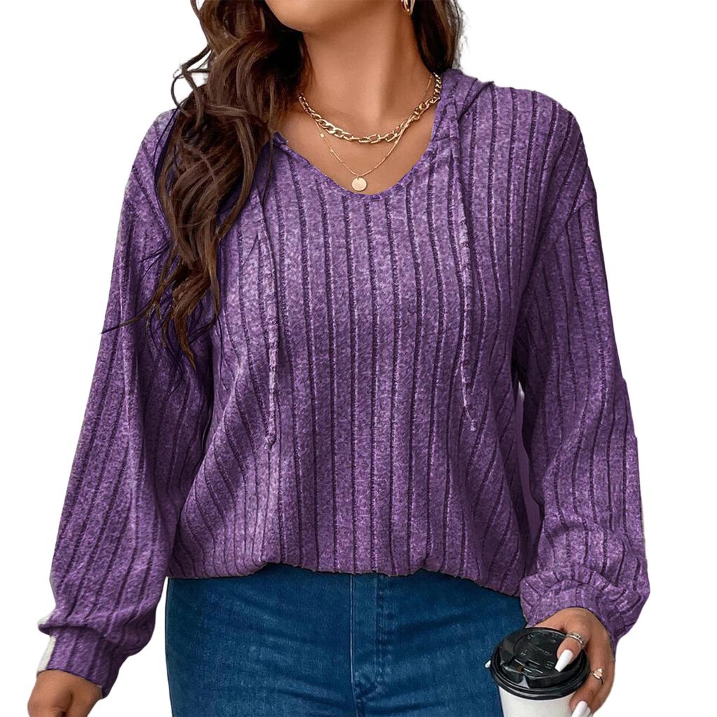 Women's V-Neck Long Sleeve Pullover Hoodie Color Loose Fit Ribbed