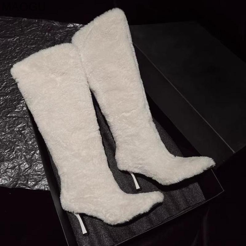 Winter Women Pointed Toe Fuzzy Plush Long Boots Knee-High Slip on White Cozy Faux Fur Lined Boots Fashion Thigh High Botas Mujer