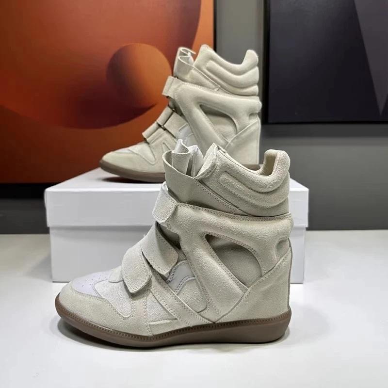 Neue Damen Keilabsatz High Top Sneaker Wildleder Klettverschlussriemen Lässig Mode Klobige Sohle Bequeme Stiefeletten 35-42