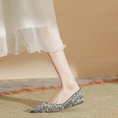 H567-1 Sparkling Sequined Flat-bottomed Shallow Mouth Casual Women's Shoes Versatile Soft-soled Doudou Shoes Women's High-end Design Women's Shoes