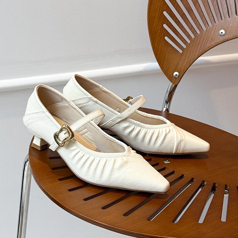 

Женские туфли-лодочки из натуральной кожи с плиссированным острым носком, слипоны Мэри Джейн, каблук-рюмочка 2 см, элегантные женские высококачественные мягкие удобные туфли 40 бежевый