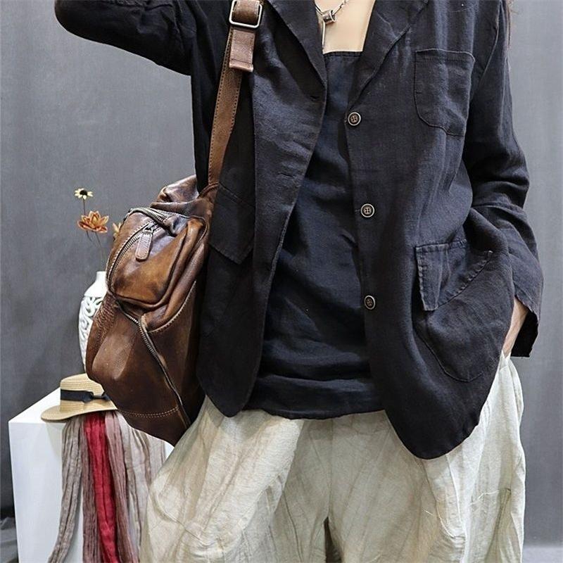 Veste d'été en chanvre littéraire pour femmes, manches longues, boutonnage simple, respirante, en coton et lin, vêtement d'extérieur décontracté