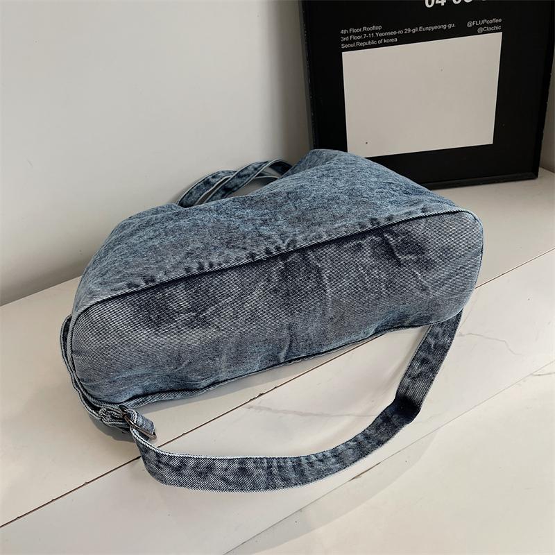 Large Capacity Denim Tote Bag Commuter Handbag Vintage Student Class Shoulder Crossbody Bag