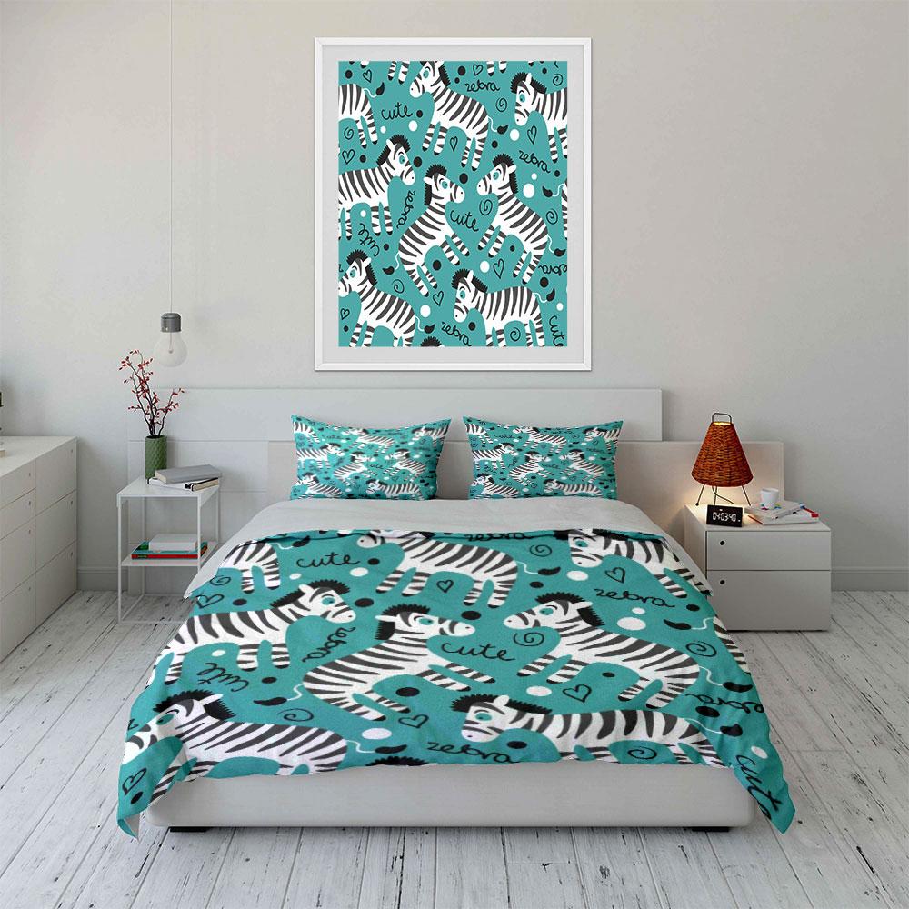Cute Zebra Cartoon Background Bedding Set for Kids Luxury Gift 3pcs Digital Print Comforter Set Soft Comfortable Breathable