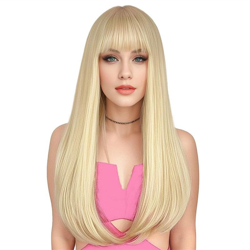 

Синтетические волосы, светлые парики с челкой, длинный шелковистый прямой парик для женщин, парик для косплея, вечеринки, термостойкий, для повседневного костюма