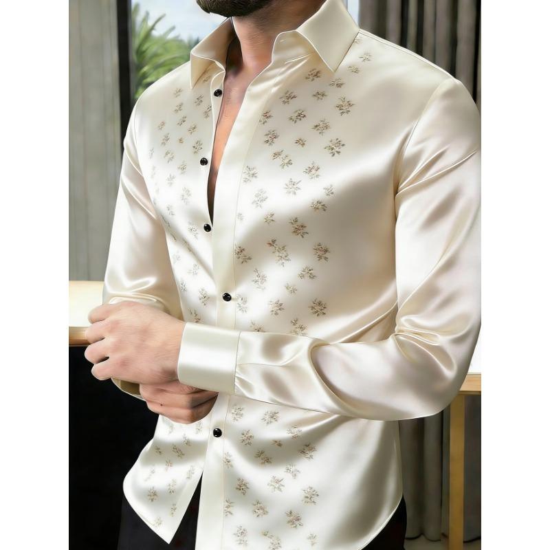 Luxury Men's Satin Long Sleeved Shirt, 3D Printed with Artistic Patterns, Comfortable Casual Vacation Collar Shirt