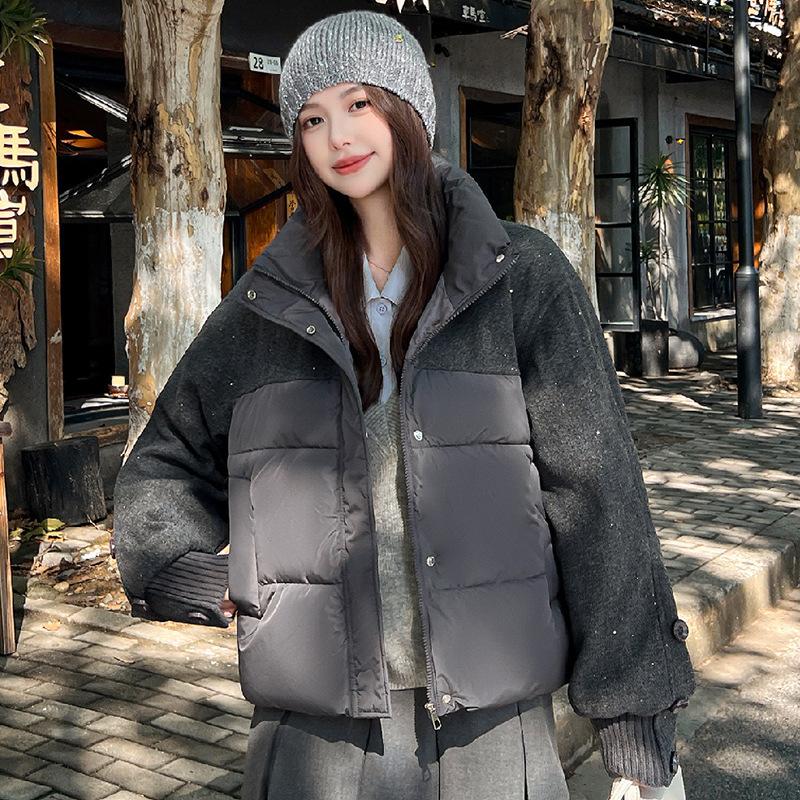 Padded Clothes Fashion Short Women's Winter New Foreign Style Small Fragrant Woolen Splicing Warm Padded Jacket Jacket Padded Clothes