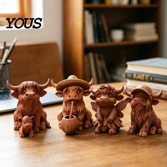 3D Printed Cow Sculpture Rustic Highland Ornament, Terracotta Color Statue, Modern Home Accessory Cute Figurine for Desk Shelf Farmhouse