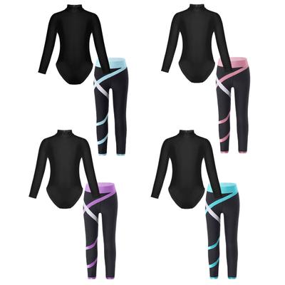 Kızlar 2 Parça Atletik Dans Kostüm Uzun Kollu Jimnastik Leotard Bodysuit Pantolon ile