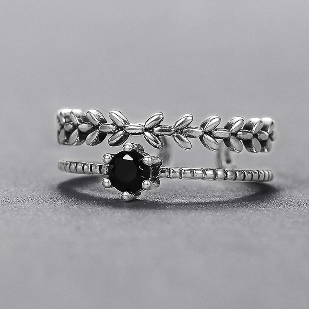 Antique Silver Color Vintage Adjustable Rings for Women Branch Black Stone Double Layer Opening Rings Fancy Girls Jewelry
