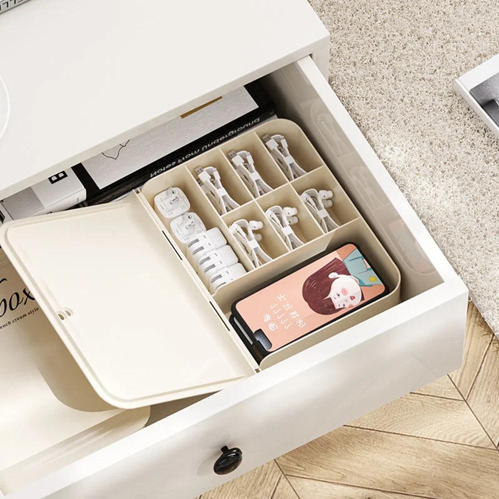 Boîte de Rangement pour Câbles de Données avec Couvercle Organisateur pour Chargeur de Téléphone Portable, Prise d'Alimentation, Gestion et Enroulement des Câbles de Bureau