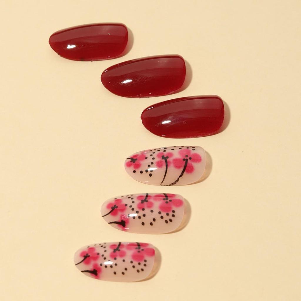 Cherry Blossom Wearable French False Nails - Removable Irregular Nail Art Patches