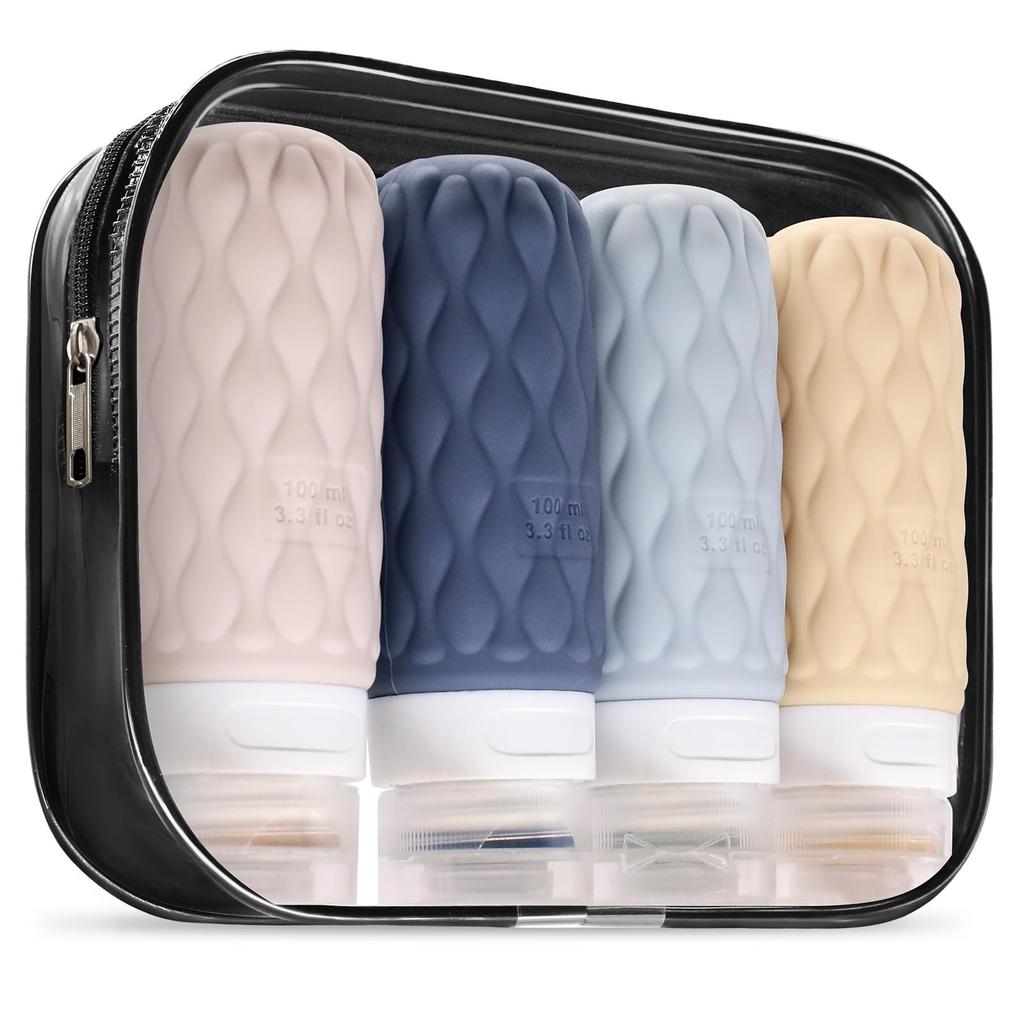 Cestovní lahvičky pro palubní personál s průhlednou kosmetickou sadou 4 ks 100ml stlačitelné cestovní nádoby na šampon a základní cestovní potřeby na dovolenou [2025]